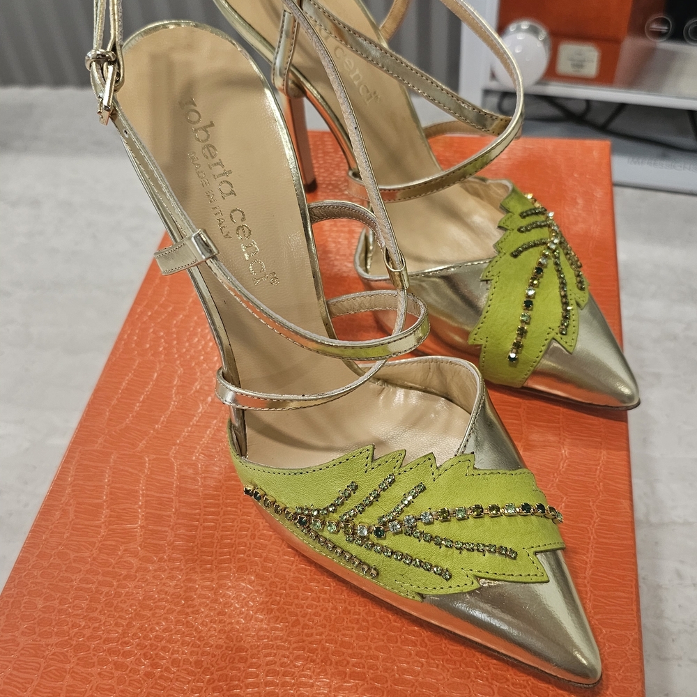 Roberta Bridal Gold Pointed-Toe Heels with Lime Green Leaf Applique